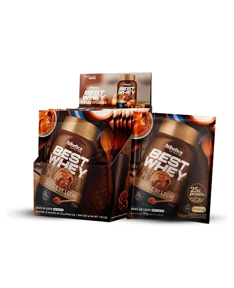 BEST WHEY PROTEIN DISPLAY C/15 SACHE DULCE DE LECHE PREMIUM - ATLHETICA